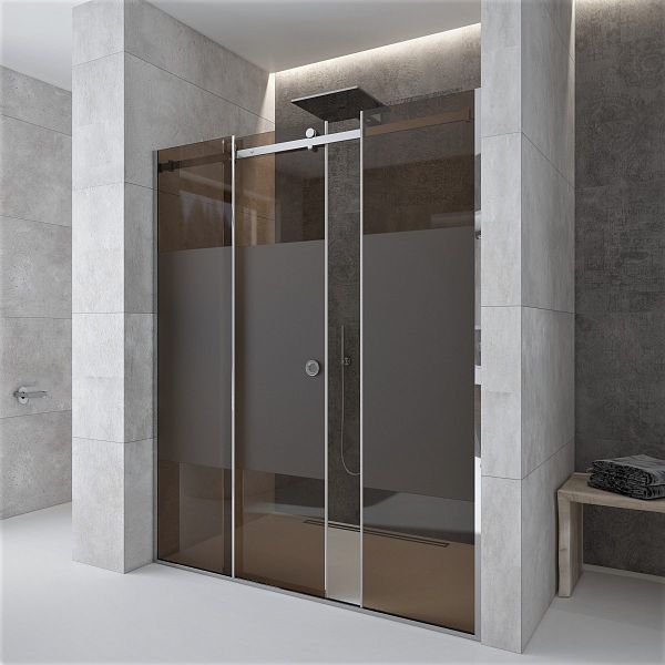 Милан 1 BI, стеклянная душевая перегородка с раздвижной дверью из 3-х частей, стекло бронза, интимная полоса